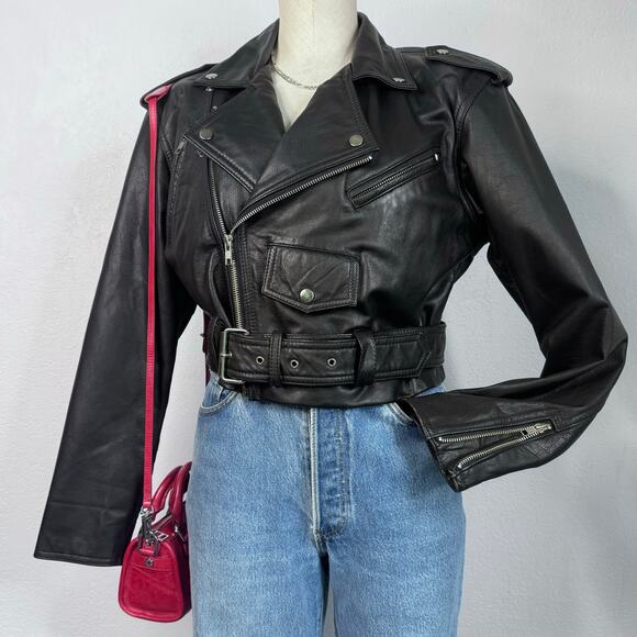 Vintage Jackets & Blazers - Vintage 90s Leather Moto Jacket Cropped Biker Belted Black Chia Size Medium